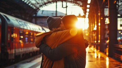 Happy couple hugging in a train station after arrival : Generative AI
