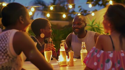 Happy mixed race family having dinner together outdoor Young people having fun on the terrace drinking beers and chatting Multicultural friends celebrating backyard home party Friendsh : Generative AI