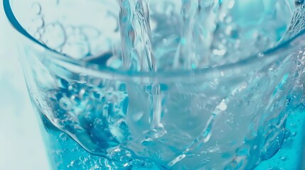 Beautiful texture of flowing water closeup macro A stream of clean transparent water is poured into a blue glass beaker on a light background : Generative AI