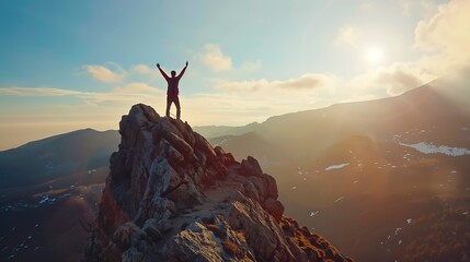 Man with arms up on the top of the mountain Hiker on the cliff raising hands to the sky : Generative AI