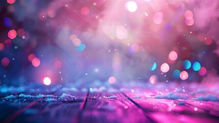 Festive Christmas stage scene background with wooden floor in snow and defocused Christmas lights Blue and pink turquoise tones evening copy space : Generative AI