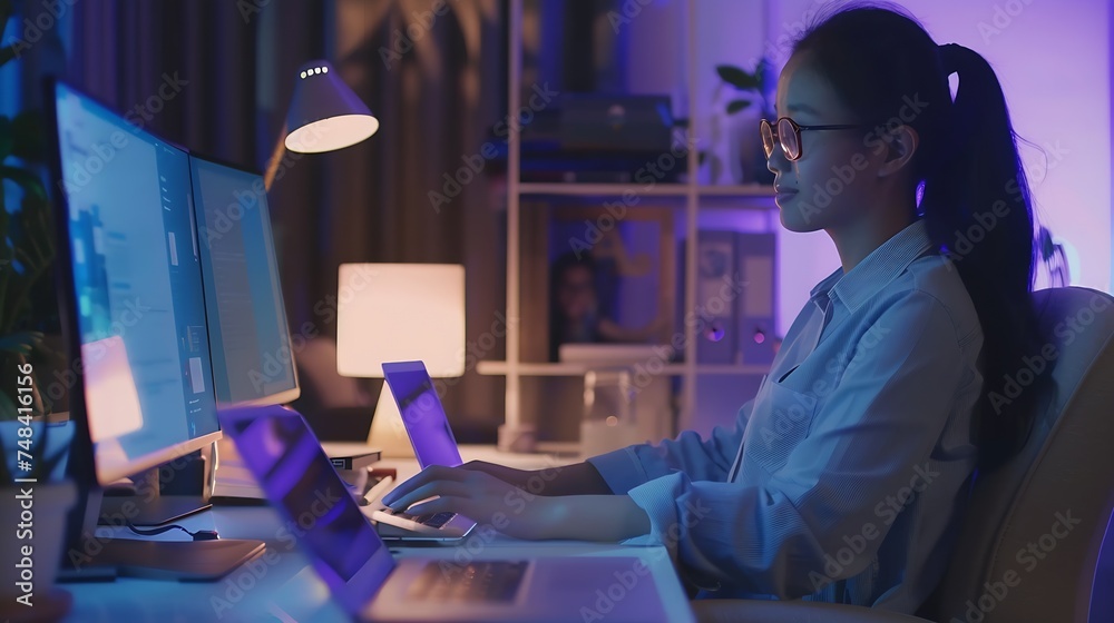 Poster Happy woman working using multiple devices on a desk at home : Generative AI