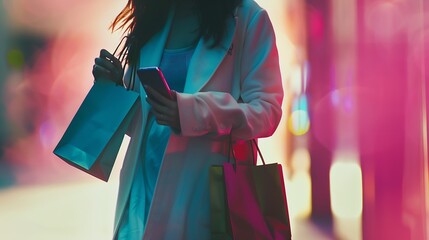 Shopper woman hand shopping with a smart phone and carrying bags : Generative AI