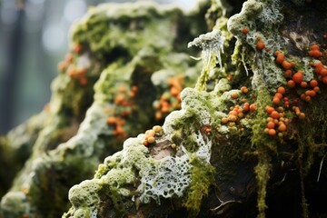 Weathered Overgrown lichen stone. Wall plant. Generate Ai - obrazy, fototapety, plakaty