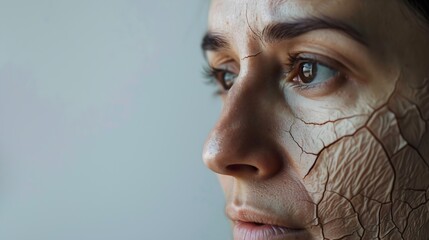 Woman with dry skin on face against light grey background closeup Space for text : Generative AI - obrazy, fototapety, plakaty
