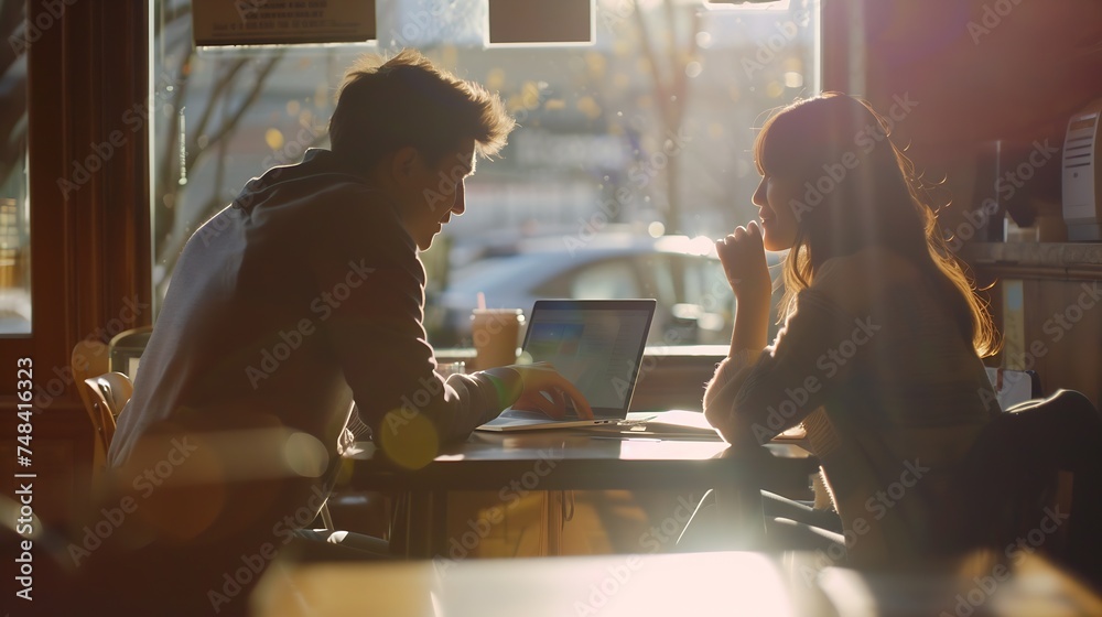 Poster side view of two young adult students studying and talking about lessons comparing together laptop i