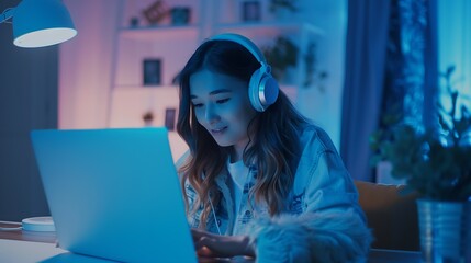 Smiling woman wearing wireless headphones working typing on notebook sit at desk in office workplace Enjoy elearning process easy comfortable application usage listen music during work : Generative AI