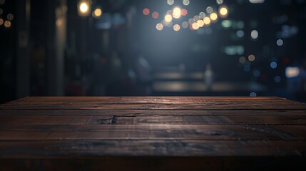 Empty wood table for product display in blur background of admirable restaurant at night : Generative AI - obrazy, fototapety, plakaty