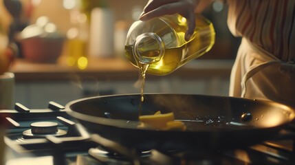 Woman pouring cooking oil from bottle into frying pan on stove closeup : Generative AI - obrazy, fototapety, plakaty