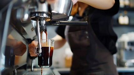 Professional female barista in black uniform making drip coffee Person pouring fresh aromatic coffee from glass flask in cup hands close up Alternative coffee brewing : Generative AI - obrazy, fototapety, plakaty