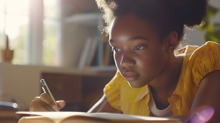 Focused african american school girl studying with books laptop preparing for test exam writing essay doing homework at home teenage student learning assignment making notes teen educa : Generative AI - obrazy, fototapety, plakaty