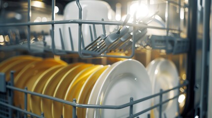Open dishwasher with clean white and yellow plates silver gray facade of the kitchen closeup : Generative AI - obrazy, fototapety, plakaty