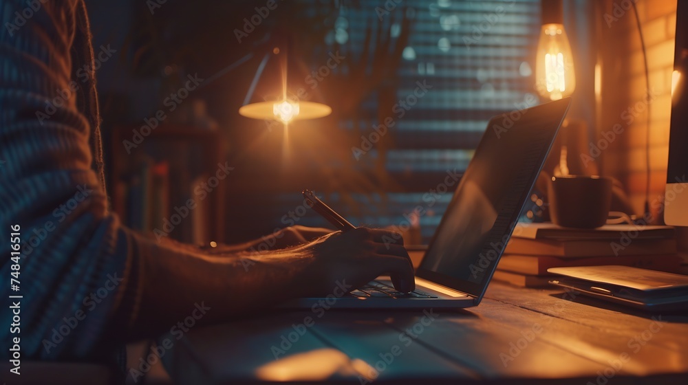 Aufkleber Entrepreneur working online with a laptop and taking notes in a notebook in a little office desktop or home : Generative AI