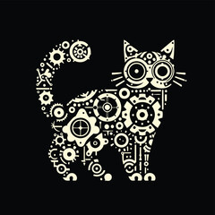 cat, wildcat, animal in techno cyberpunk and steampunk tattoo, wire, machine gear logo, 