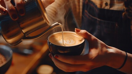 Waitress hands pouring milk making cappuccino : Generative AI