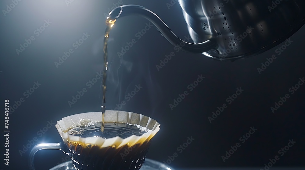 Poster making pour over coffee with hot water being poured from a kettle : generative ai