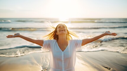 Joyful woman enjoying the freedom of the beach standing with open arms and a happy smile : Generative AI