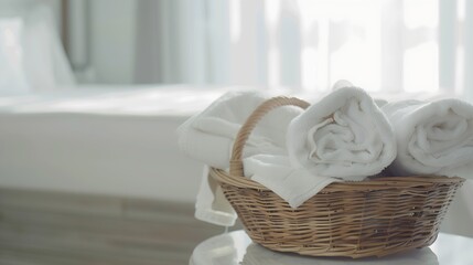 Fototapeta na wymiar Wicker basket with white towels on table in bathroom Space for text : Generative AI