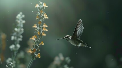 Obraz premium Hummingbird hawkmoth hovering over flower on green background : Generative AI