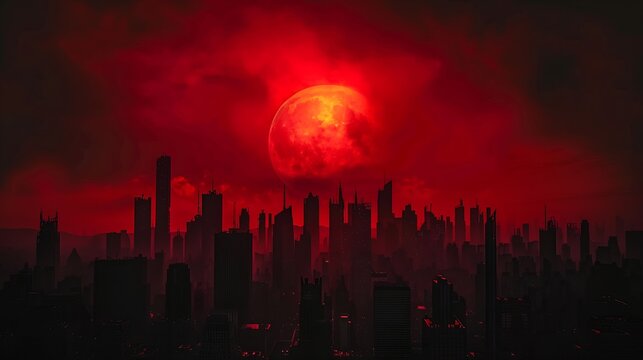 Red sunset over the city Black red abstract background Dramatic sky Dark red horror background Blood red sunset Armageddon : Generative AI