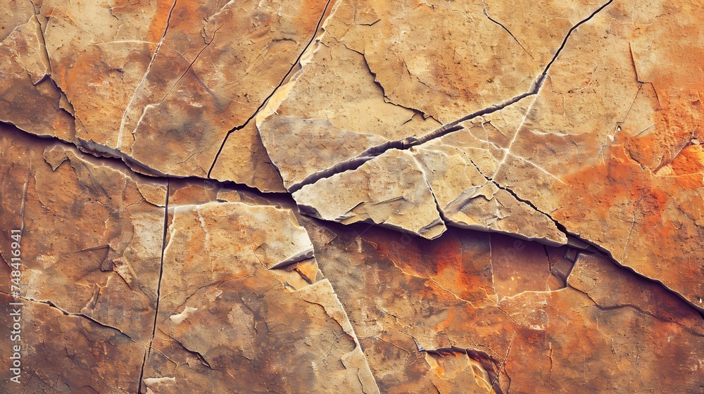Poster Orange red brown rock texture with cracks Rough mountain surface Closeup Stone background for design Crushed broken crumbled Web banner Wide Panoramic : Generative AI