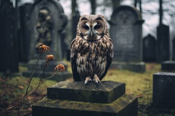 Brooding Owl sitting on cemetery stone tomb. Brown wild predator bird in graveyard. Generate ai
