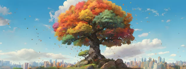 Fotobehang 大きな木、カラフルな葉、青空と雲、イラスト素材、背景｜Big tree, colorful leaves, blue sky and clouds, illustration material, background. Generative AI © happy Wu 