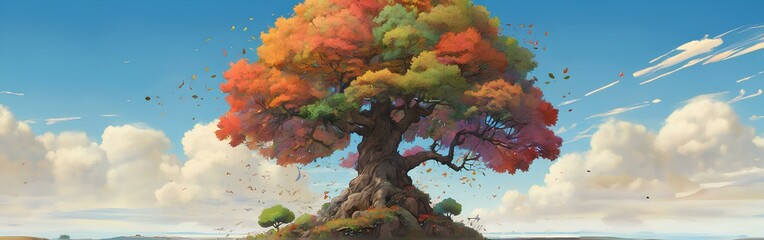 大きな木、カラフルな葉、青空と雲、イラスト素材、背景｜Big tree, colorful leaves, blue sky and clouds, illustration material, background. Generative AI