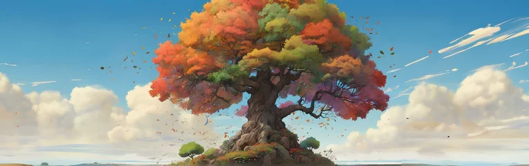 Fotobehang 大きな木、カラフルな葉、青空と雲、イラスト素材、背景｜Big tree, colorful leaves, blue sky and clouds, illustration material, background. Generative AI © happy Wu 