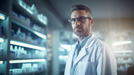 Fototapeta premium Hospitalized Businessman Smiles Confidently in City Office, Wearing Glasses