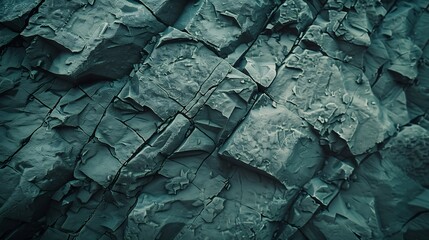 Blue green rock texture Toned cracked crumbled rough mountain surface Closeup Dark teal color...
