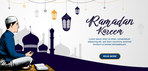 Ramadan mubarak horizontal banner with illustration of a Muslim man praying at mosque