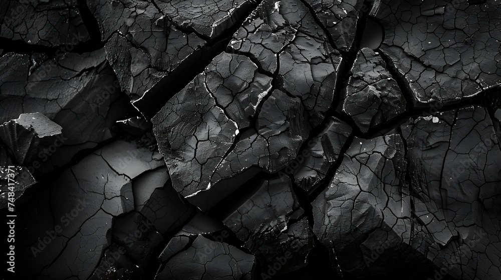 Aufkleber black rock texture rough mountain surface with cracks closeup dark stone background with space for d