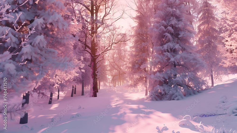 Aufkleber beautiful fairy winter trees and fir trees glow in the snowcovered forest park in the snow in the su