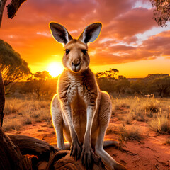 Mid-Hop Kangaroo against Beautiful Australian Outback Sunset: A Breathtaking Snapshot of Natural Wilderness