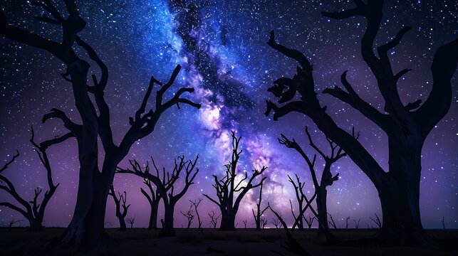 Silhouette of Daed trees and Milky Way at night sky Long exposure photograph : Generative AI