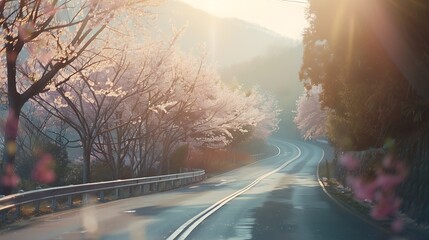 Beautiful Cherry blossom tree pink sakura flower Country road and curves : Generative AI