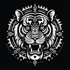 tiger, cat, wildcat, animal in techno cyberpunk and steampunk tattoo, wire, machine gear logo, 
