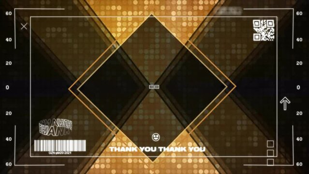 Animation of thank you text, qr code and scanner scope on gold and brown diamond pattern