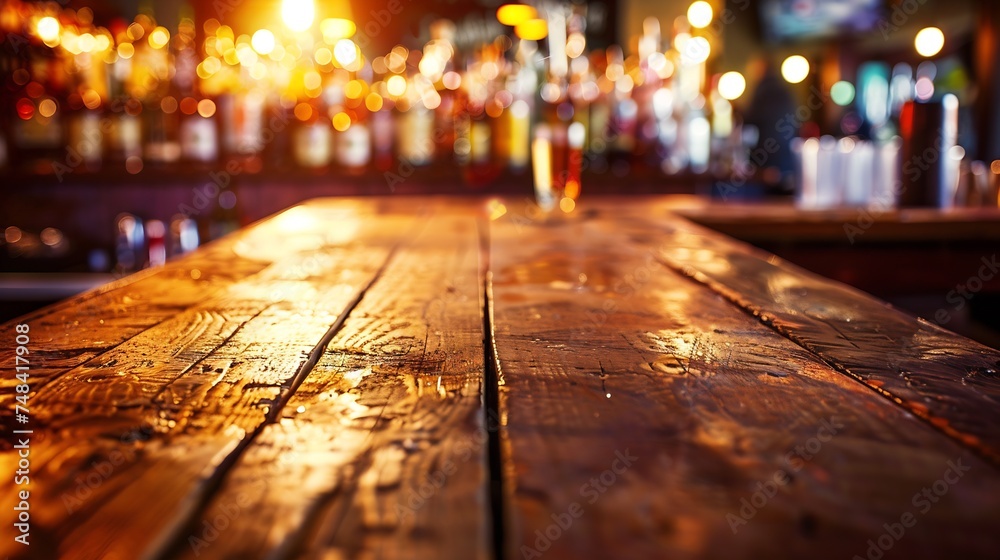 Poster Empty wooden bar counter with defocused background and bottles of restaurant bar or cafeteria background for your product display : Generative AI