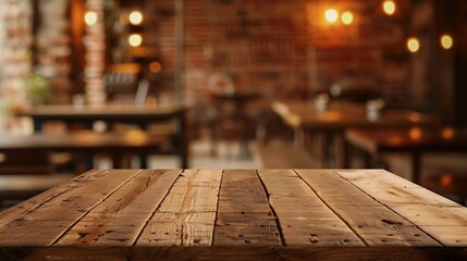Wooden table top and blurred background in vintage coffee shop and restaurant walls of the shop are built with old red bricks modern vintage loft style Mock up for display of product : Generative AI