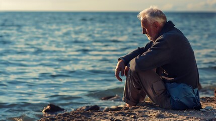 Sad old man sitting by the sea Concept about people sadness and loneliness : Generative AI - obrazy, fototapety, plakaty