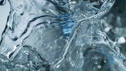 Beautiful texture of flow stream water closeup macro A stream of clean transparent water is poured into a blue glass beaker on a silvery background with drops : Generative AI