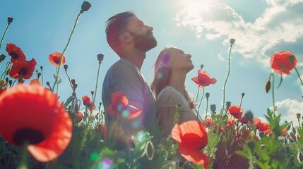Happy couple breathing fresh air in a colorful field with red poppy flowers : Generative AI