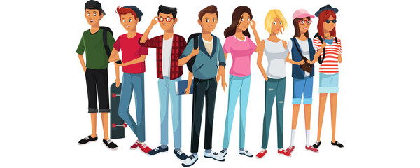 Group of young people in casual clothes with backpacks and books. Smiling students standing together isolated vector illustration