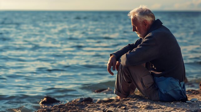 Sad old man sitting by the sea Concept about people sadness and loneliness : Generative AI