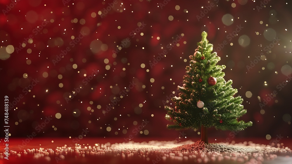 Poster beautiful green elegantly decorated christmas tree on an evening dark red background with flying sno