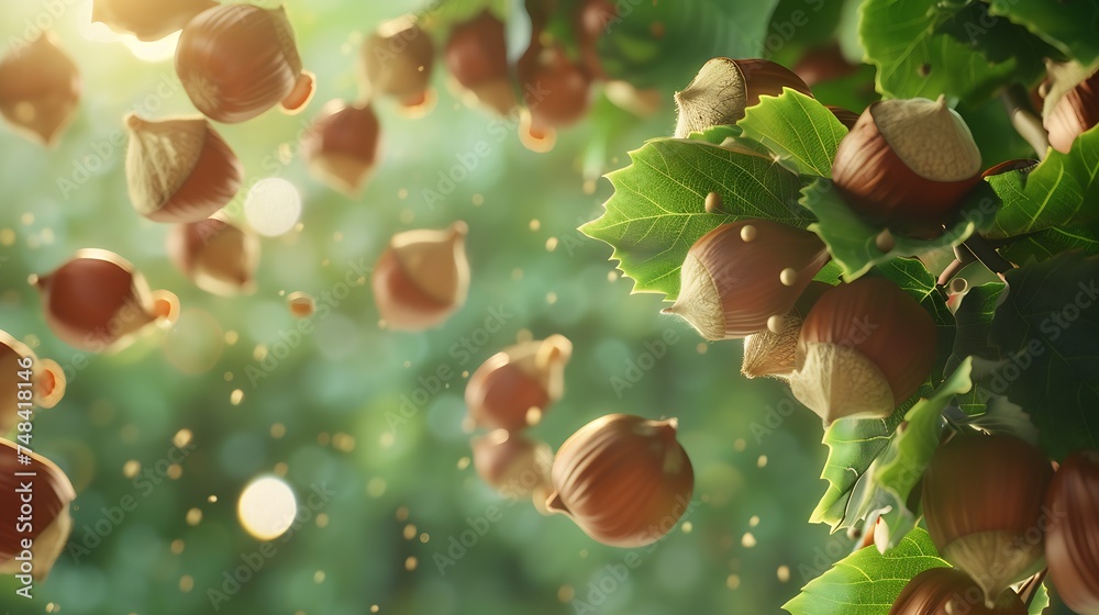 Poster Many hazelnuts fall from the tree on a green natural background Beautiful large hazelnuts closeup macro : Generative AI