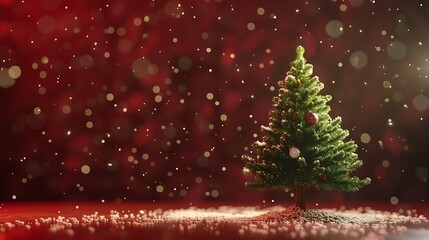 Beautiful green elegantly decorated Christmas tree on an evening dark red background with flying snow fluffs Bright colorful artistic image copy space : Generative AI