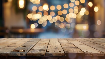 Empty wood table for product display in blur background of admirable restaurant at night : Generative AI - obrazy, fototapety, plakaty